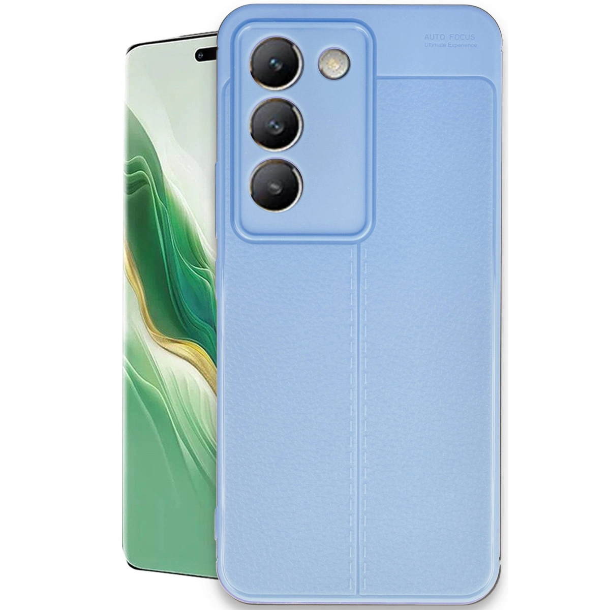 Üç kamera ve flaşlı açık mavi telefon kılıfı.