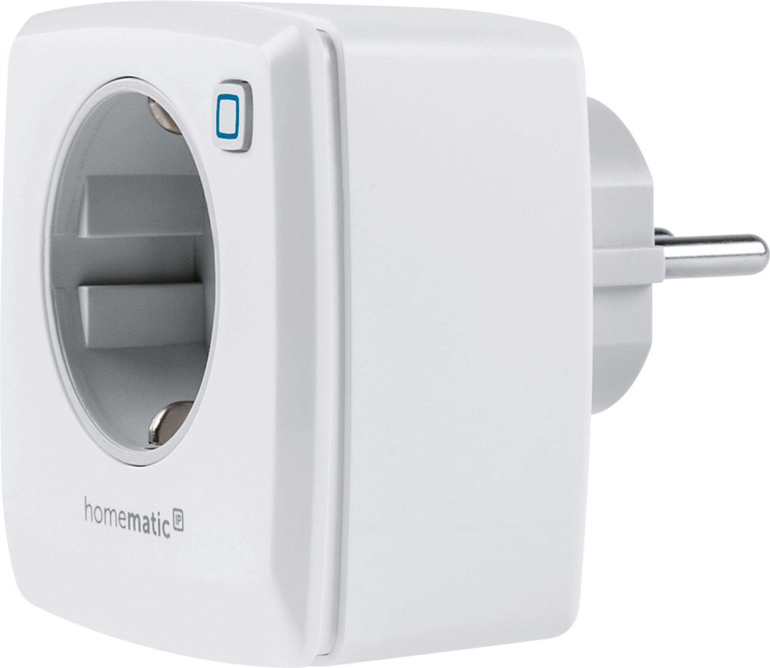 Ein weißer Homematic Smart Plug mit Steckdose und Stecker.
