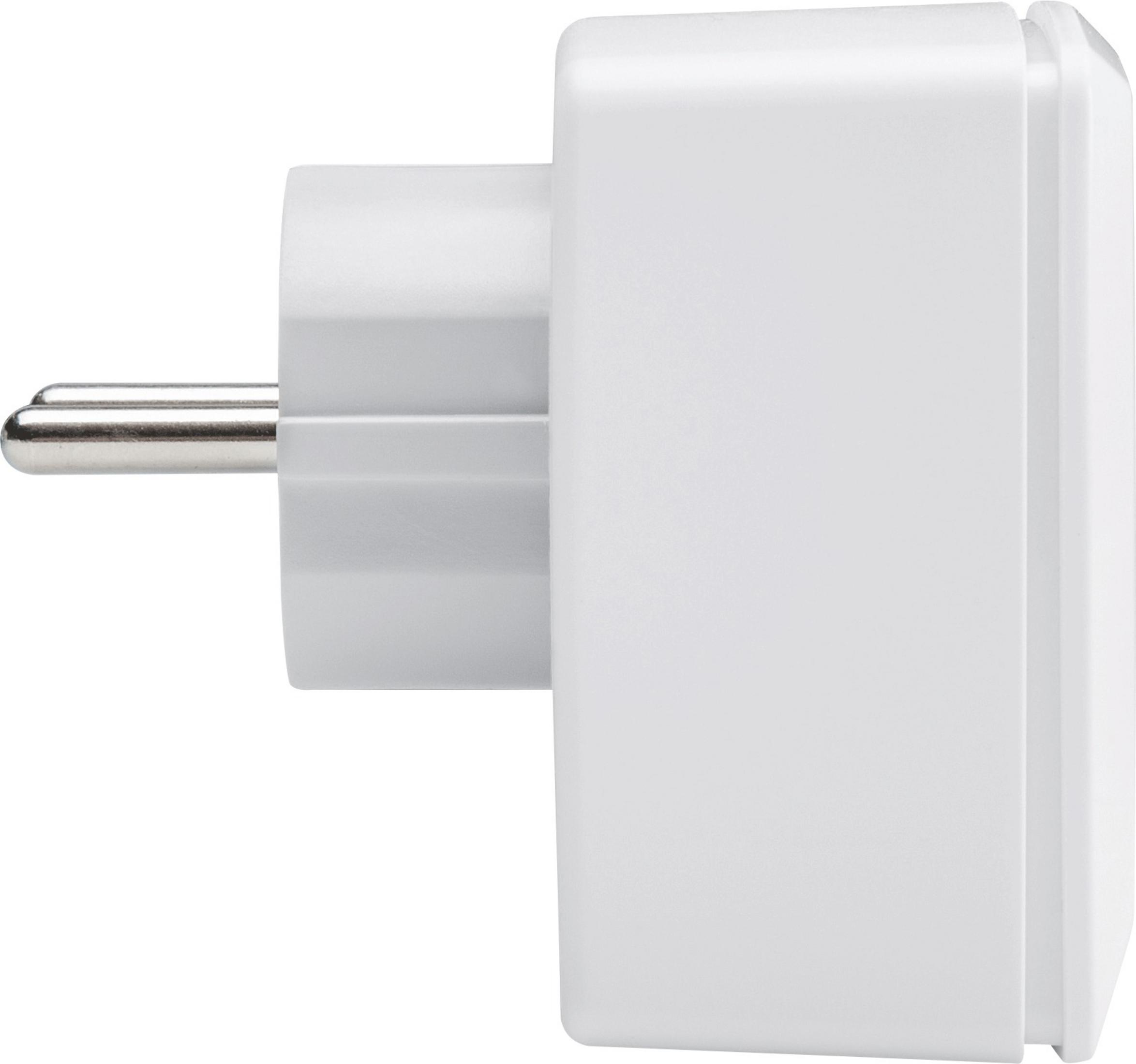 Nahaufnahme eines weißen Netzadapters mit einem silbernen Stecker.
