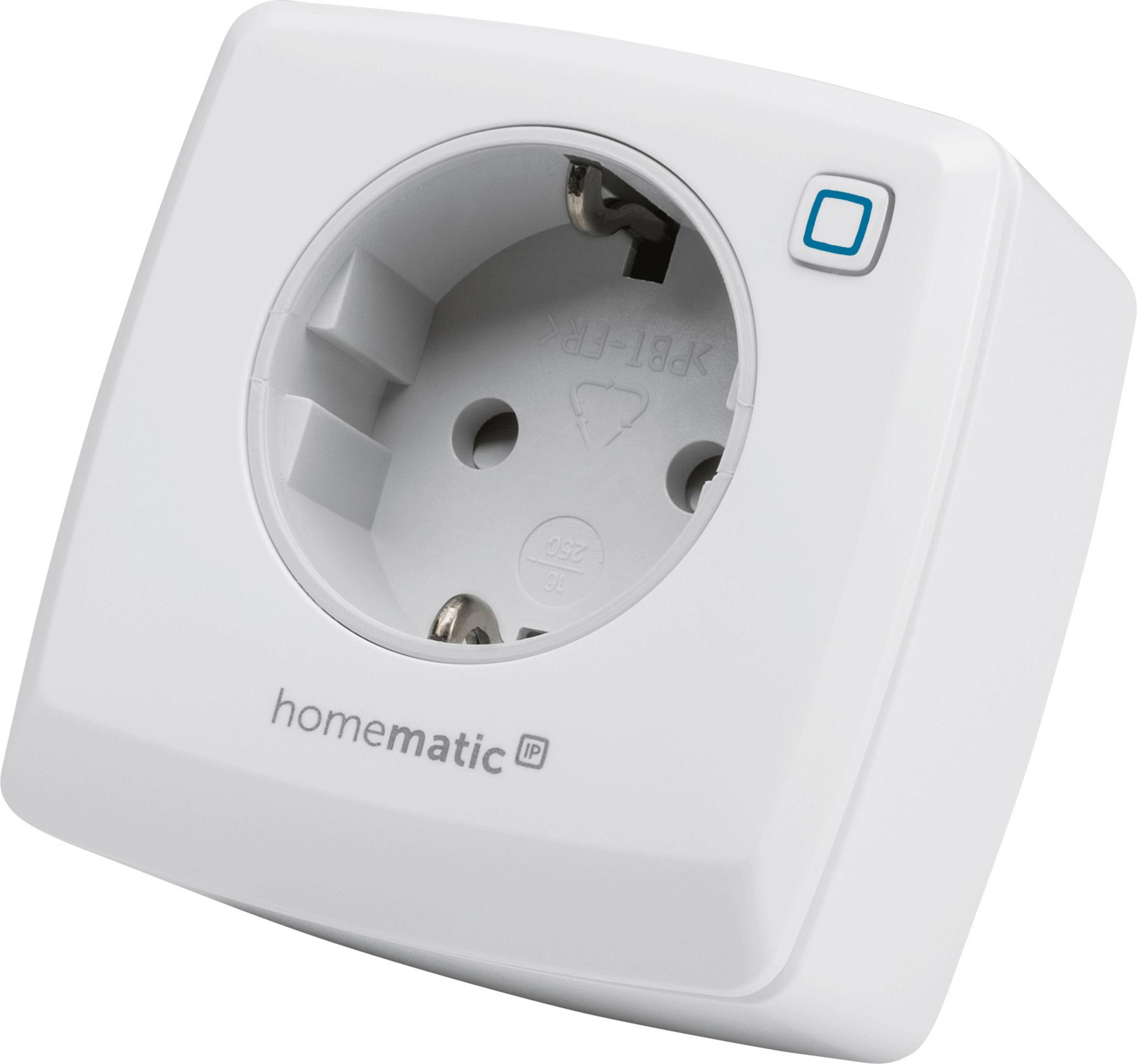 Weißer Smart-Home-Stecker mit einem blauen quadratischen Symbol und dem Homematic-Logo.