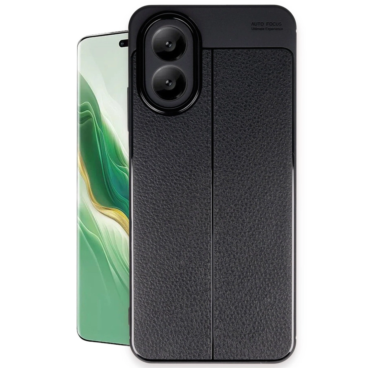 Deri dokulu kılıflı ve iki kamera lensli siyah telefon.
