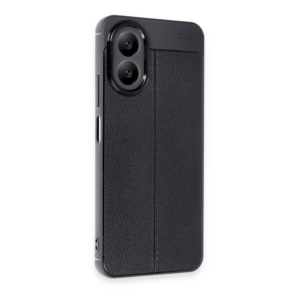 İki kamera lensli ve dokulu yüzeyli siyah telefon kılıfı.