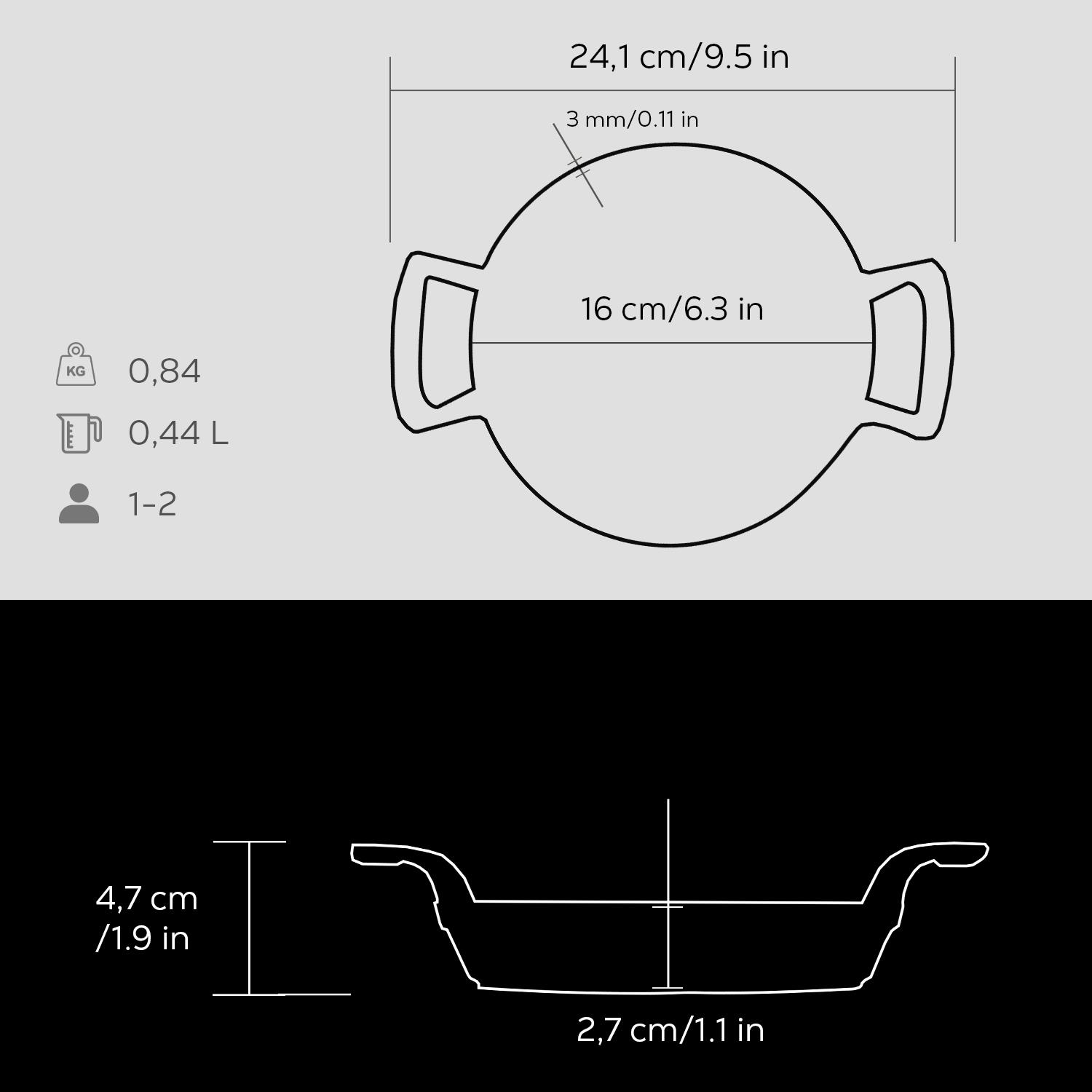 Tencere teknik çizimi boyutlarıyla: 24,1 cm çap, 16 cm genişlik, 4,7 cm yükseklik, 3 mm kalınlık.