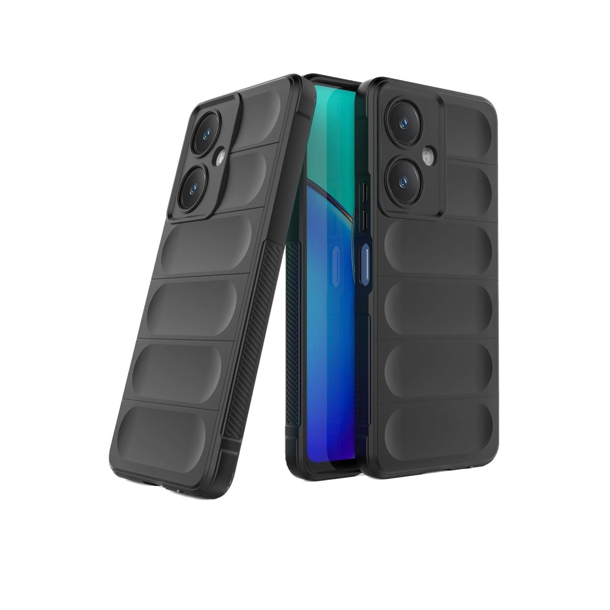 Görünür kameralı, iki siyah, yivli dokulu telefon kılıfı.