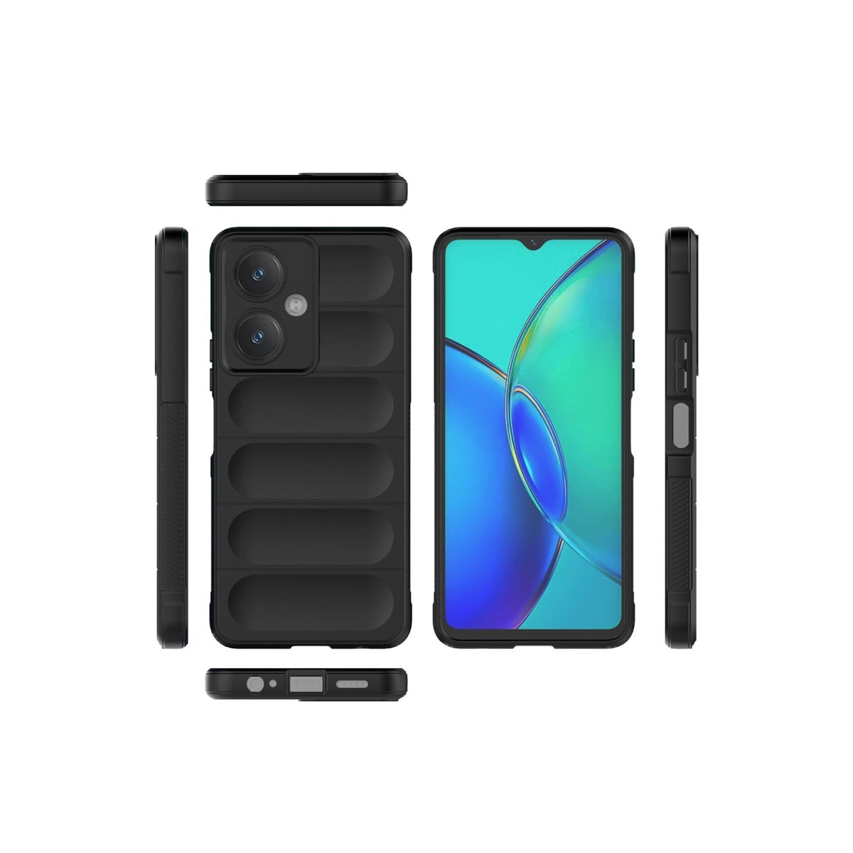 Kameralı siyah akıllı telefon ve siyah kılıf, çeşitli açılardan.