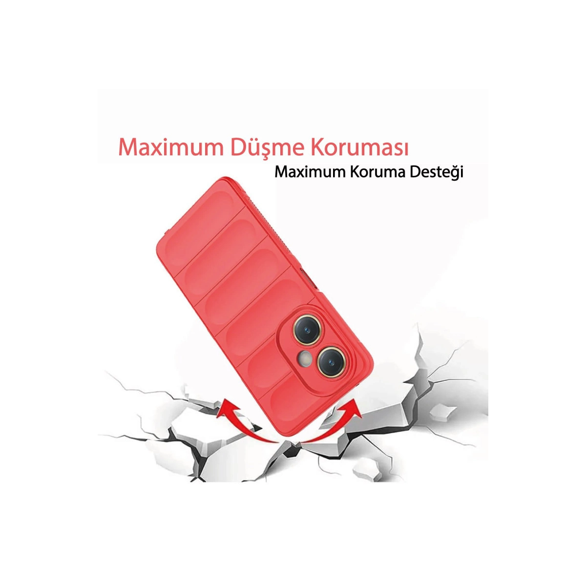 Kırmızı telefon kılıfı çatlaklara düşüyor, maksimum düşme koruması.