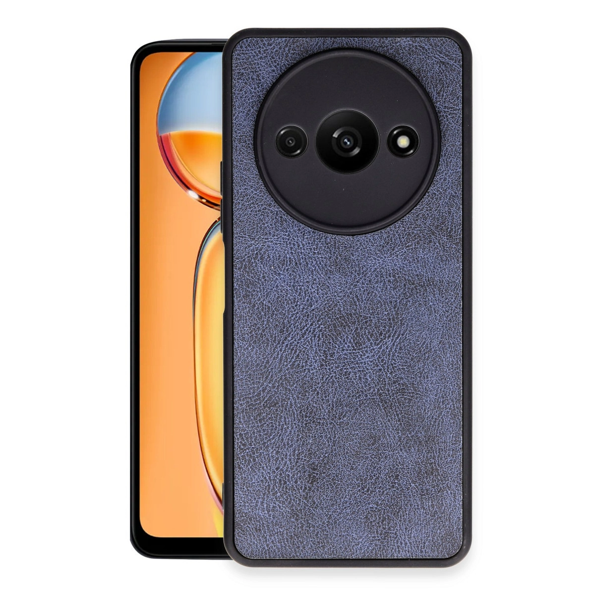 Yuvarlak arka kamera modülüne sahip mavi deri kılıflı bir akıllı telefon.