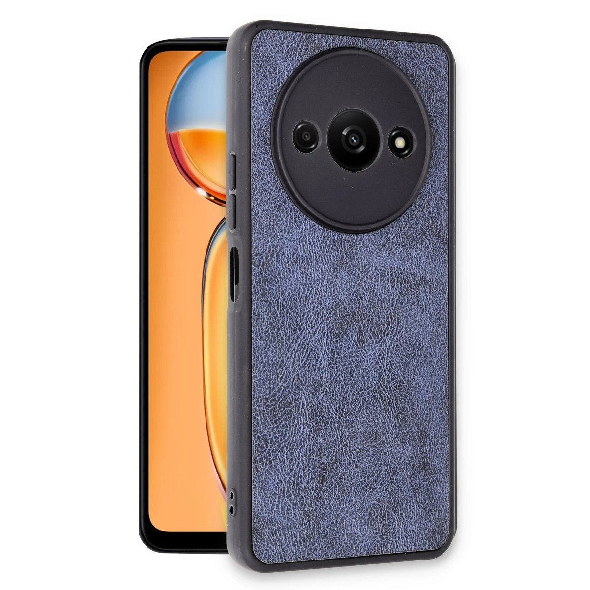 Mavi deri arka kılıflı ve siyah kamera modüllü bir akıllı telefon.