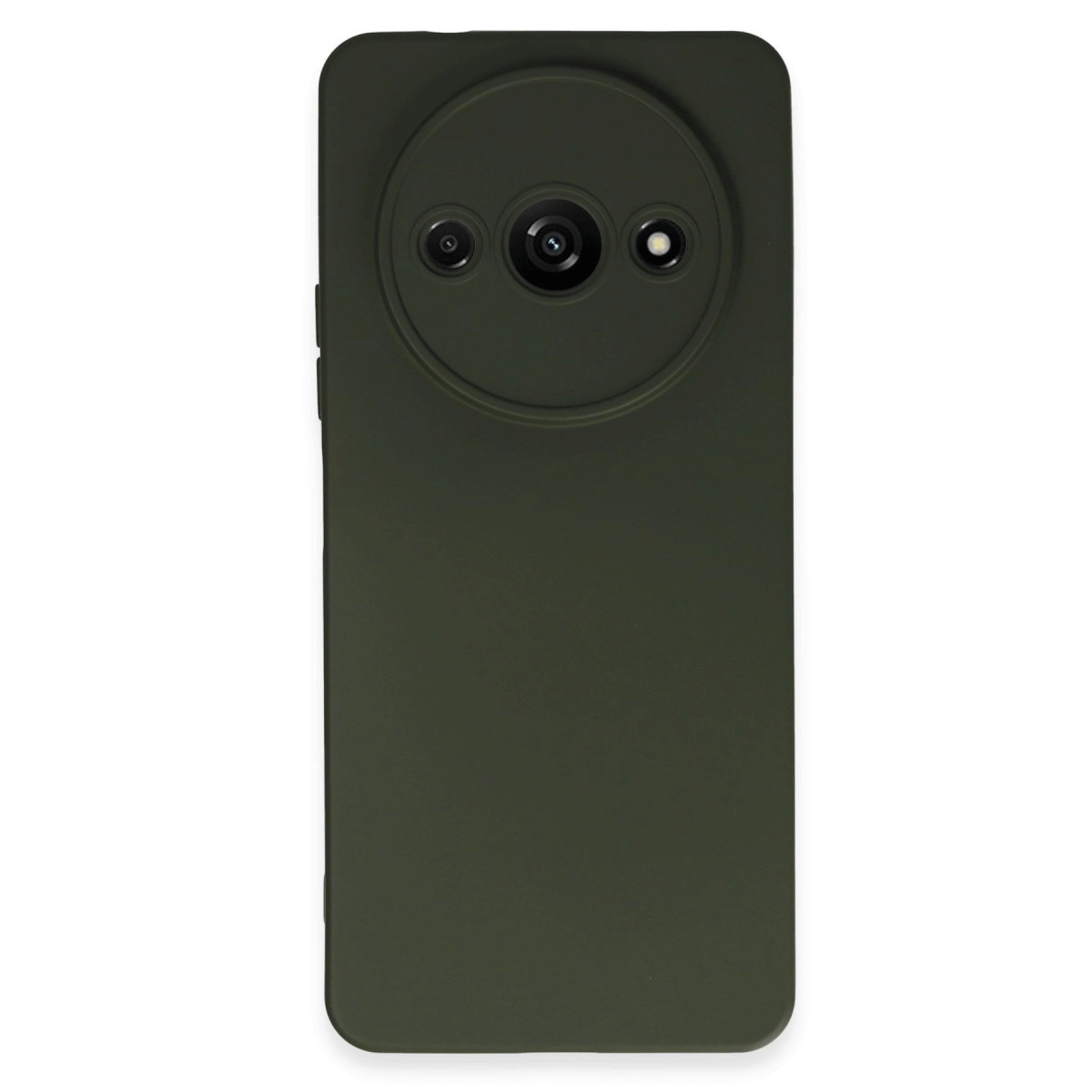 Üç lensli, yuvarlak kamera modülü kesimli, koyu yeşil telefon kılıfı.
