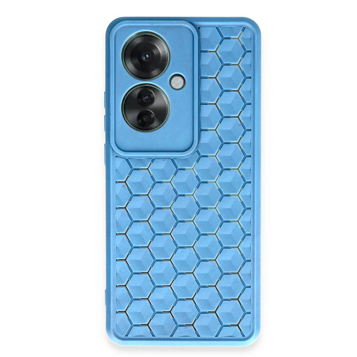 Altıgen desenli ve kamera modüllü mavi telefon kılıfı.