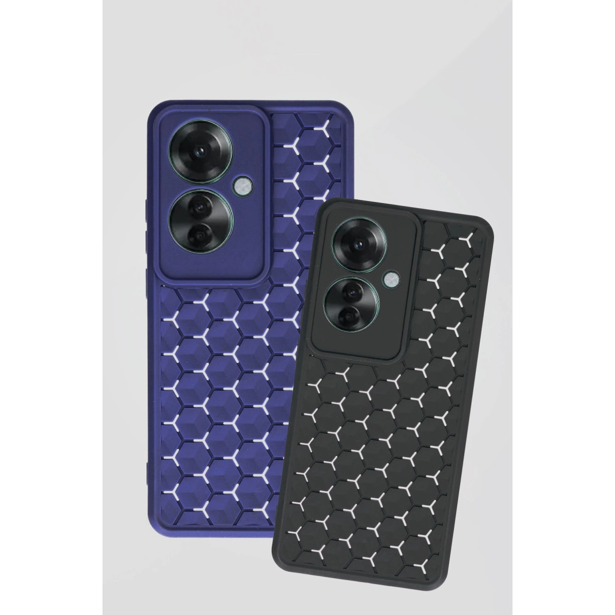 Bal peteği desenli iki telefon kılıfı, biri mavi, diğeri siyah.