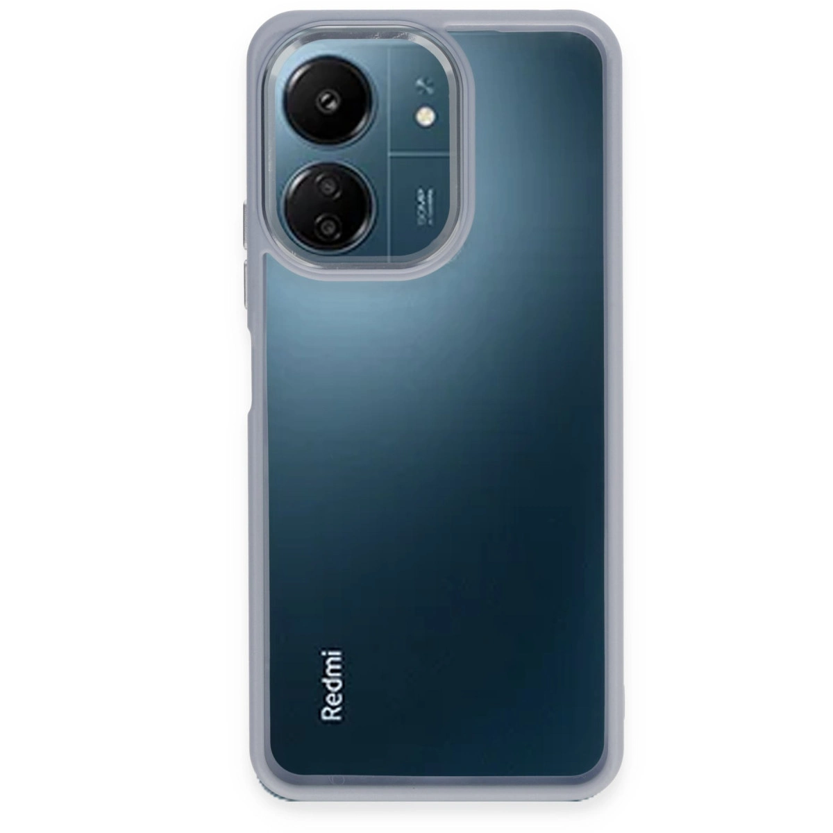 İki kameralı mavi akıllı telefonun arkası ve kırmızı logo.