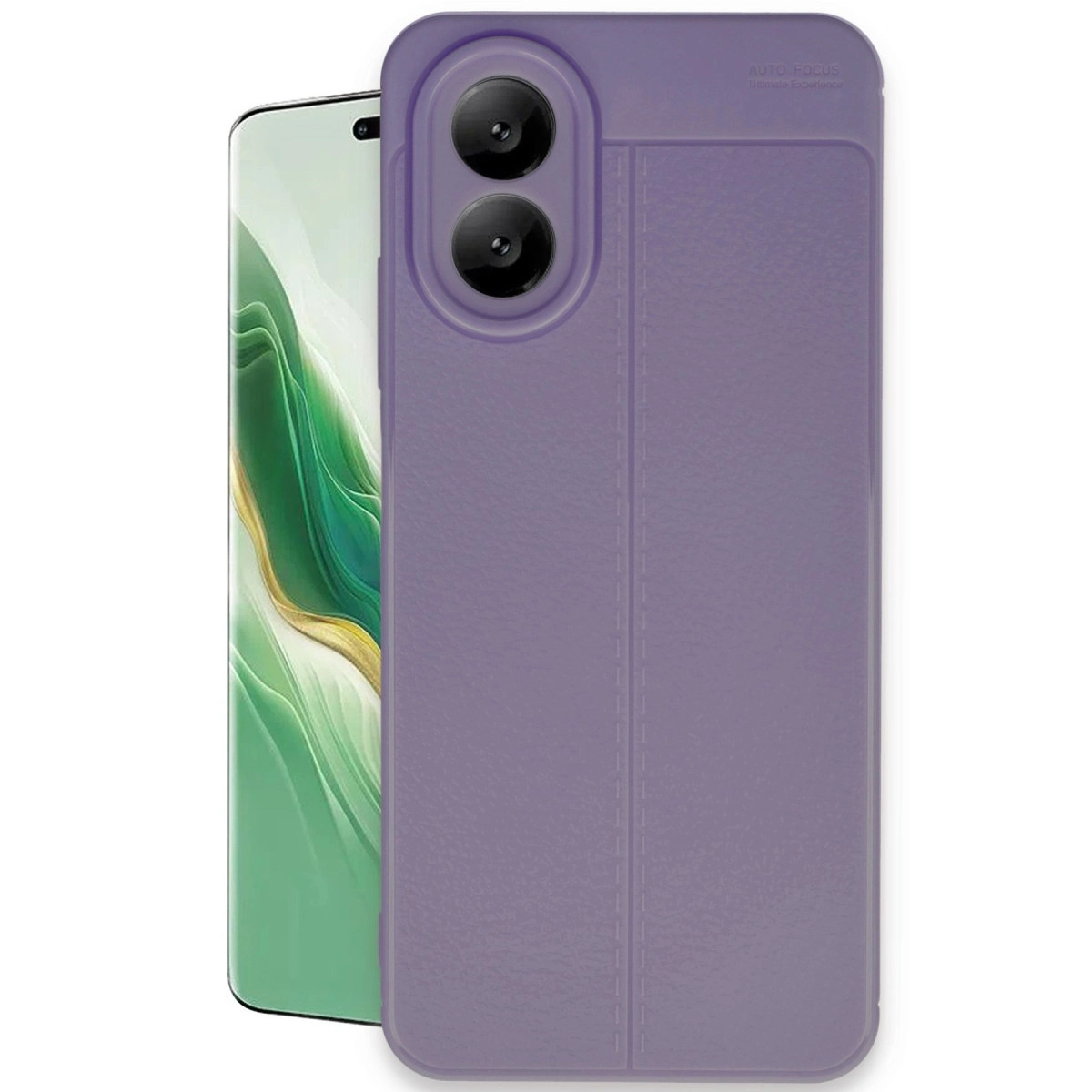 Mor telefon kılıfı, iki kamera lensi ve telefon arkası.