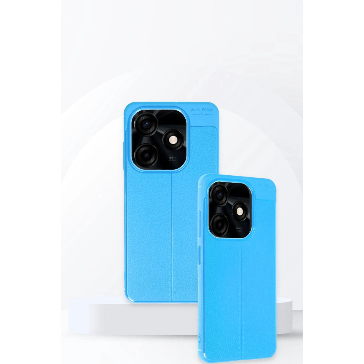 Beyaz kaideler üzerinde kamera modüllü iki mavi telefon kılıfı.