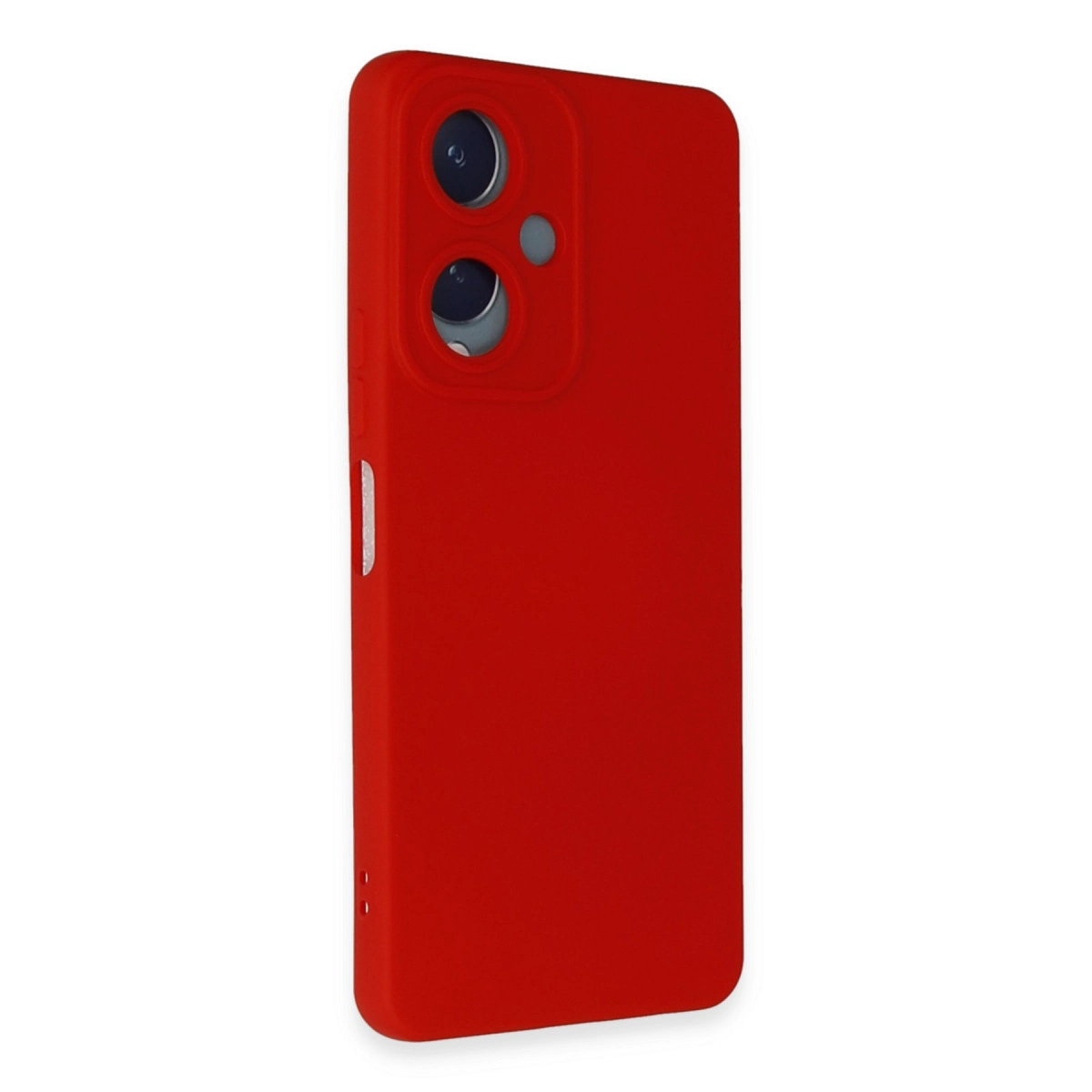 Kamera kesimli ve düğmeli kırmızı telefon kılıfı.