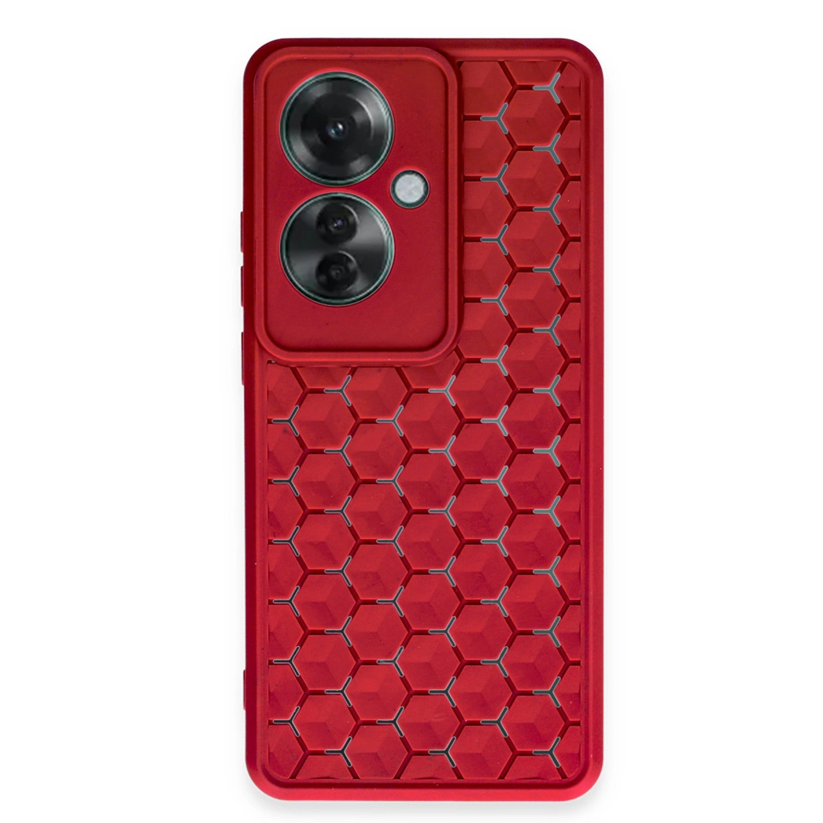 Altıgen desenli ve kamera modüllü kırmızı telefon kılıfı.