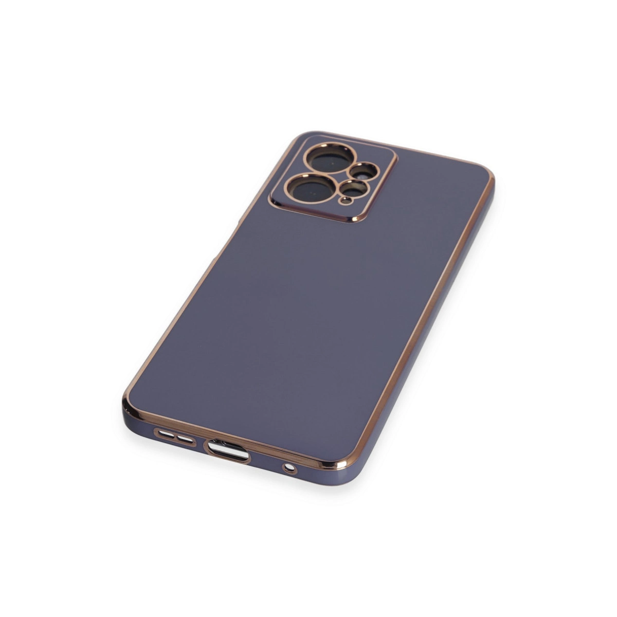 Altın süslemeli, koyu gri telefon kılıfı, kamera kesimli.