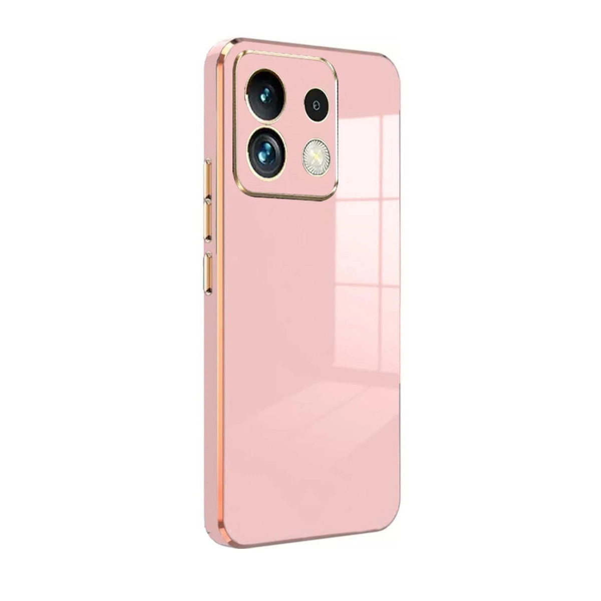 Altın çerçeveli, üçlü kamera modülüne sahip pembe telefon kılıfı.