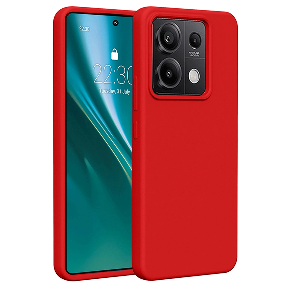 Kamera modüllü ve kısmen görünen ekranlı kırmızı telefon kılıfı.