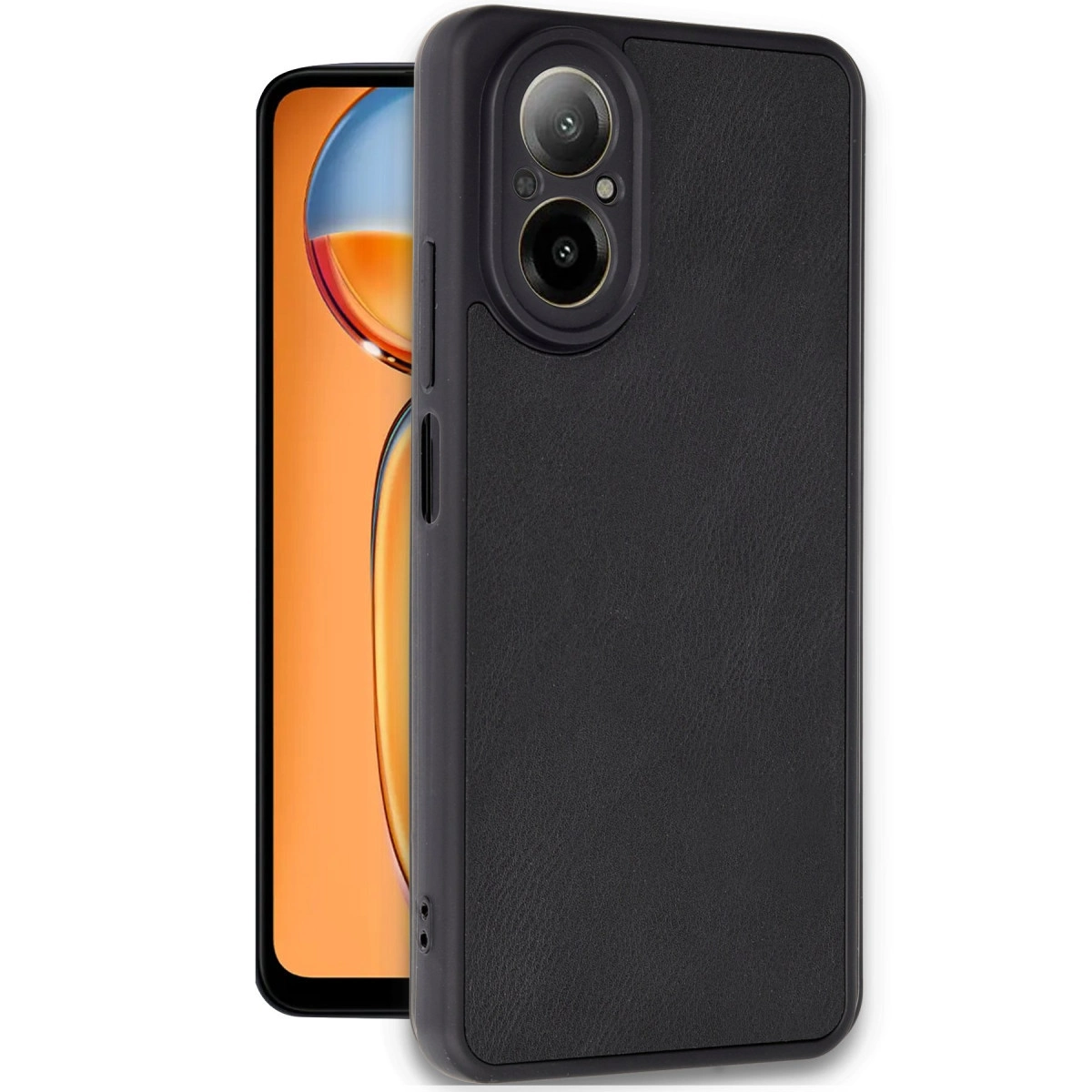 Kamera kesimli siyah suni deri telefon kılıfı, turuncu ekranlı bir akıllı telefonun yanında.