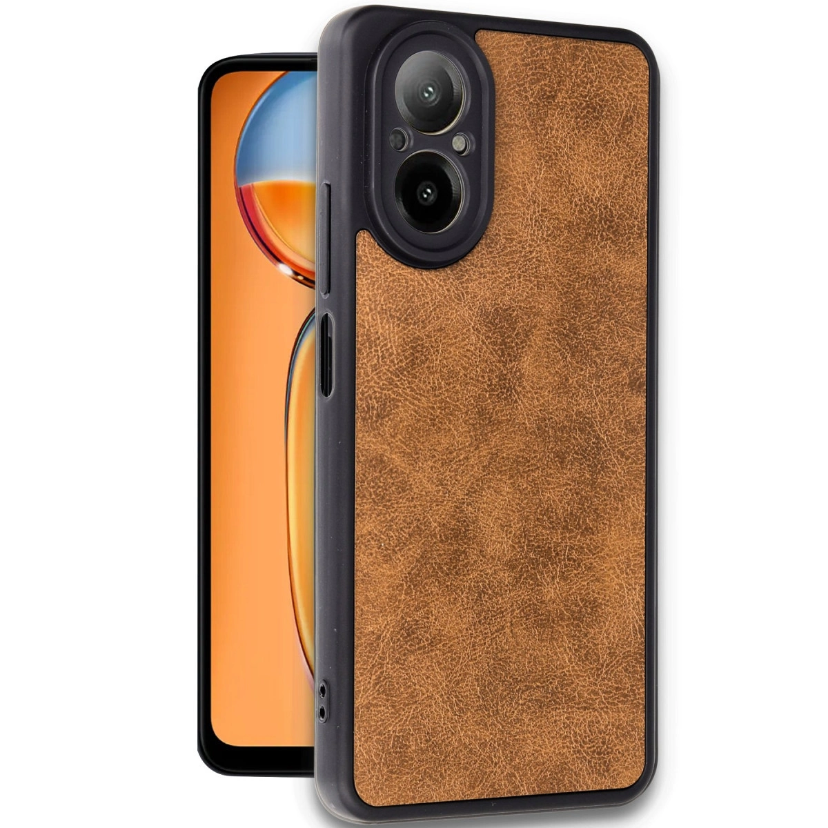 Kahverengi deri dokulu telefon kılıfı, akıllı telefonun yanında.