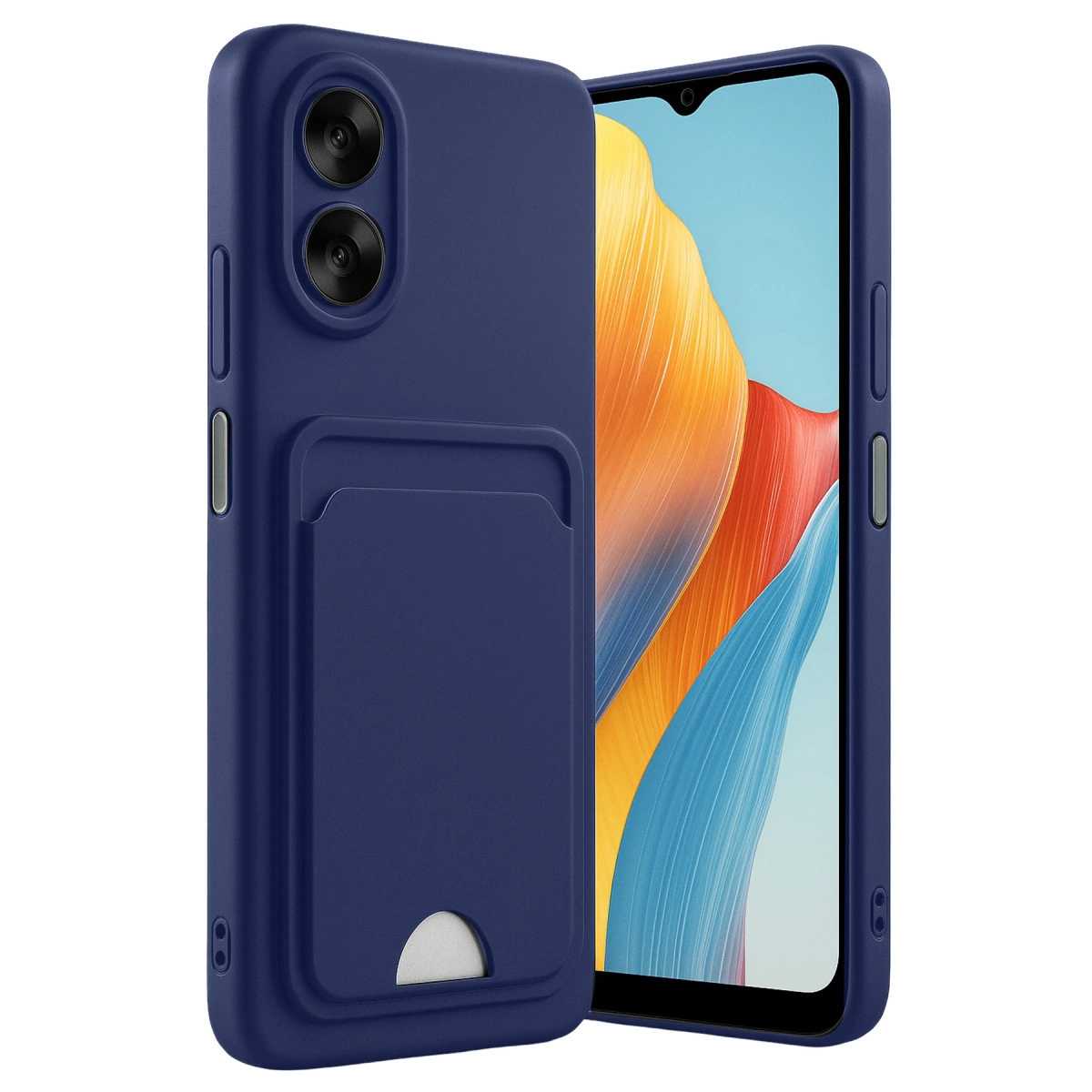 Kart yuvalı ve iki kamera lensli lacivert telefon kılıfı.