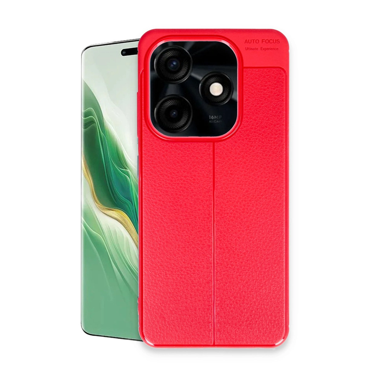 Arkada üç kamera lensli, kırmızı, deri dokulu bir telefon.