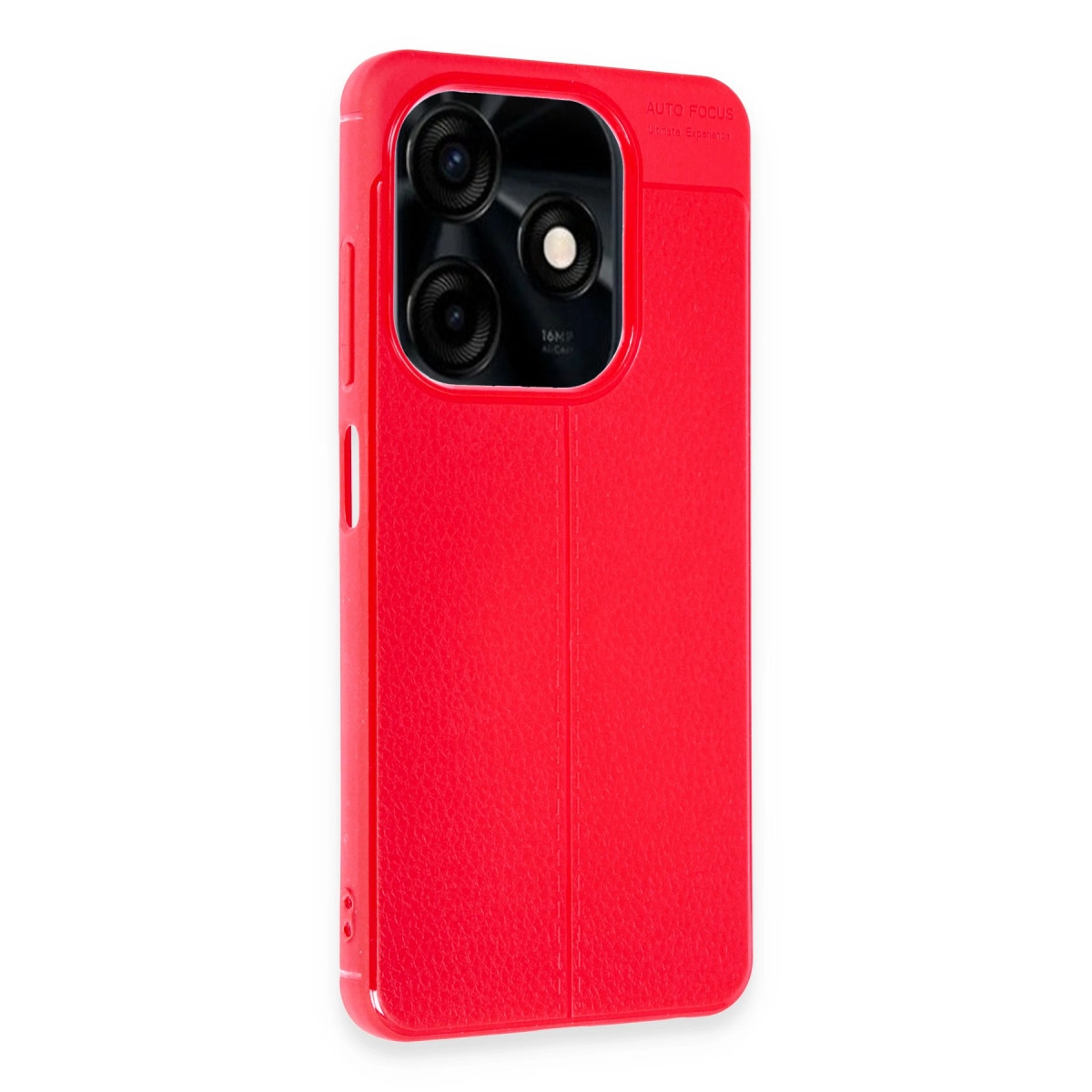 Üçlü kamera lensli ve "AUTO FOCUS" yazılı kırmızı telefon kılıfı.