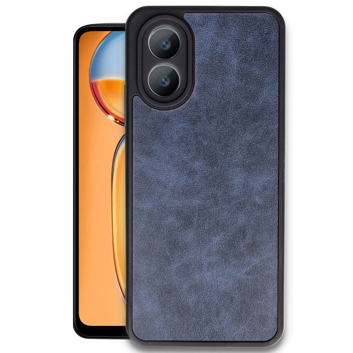 Kamera kesimli lacivert telefon kılıfı ve arkada telefon.