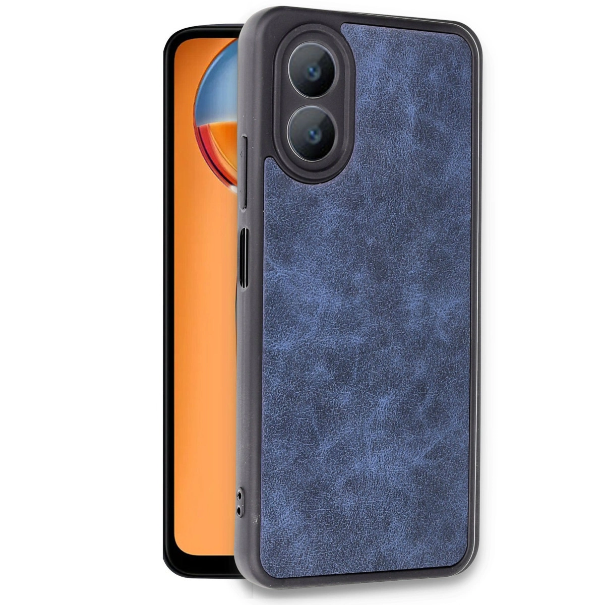 Çift kamera kesimli, mavi deri dokulu telefon kılıfı.