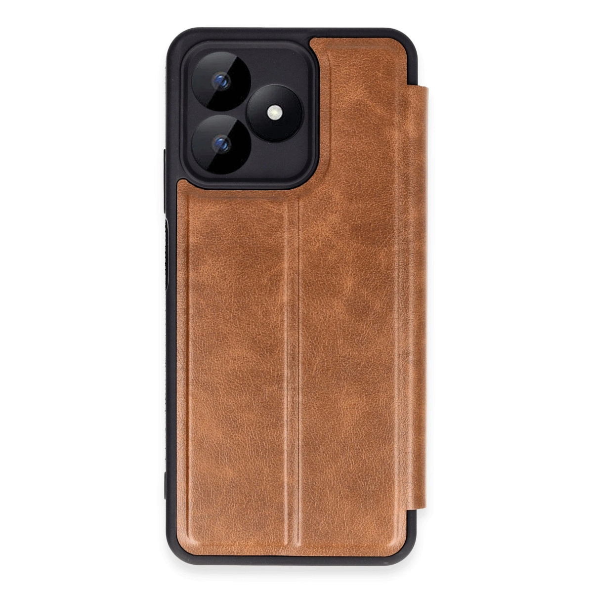 Görünür kamera lensli kahverengi deri telefon kılıfı.