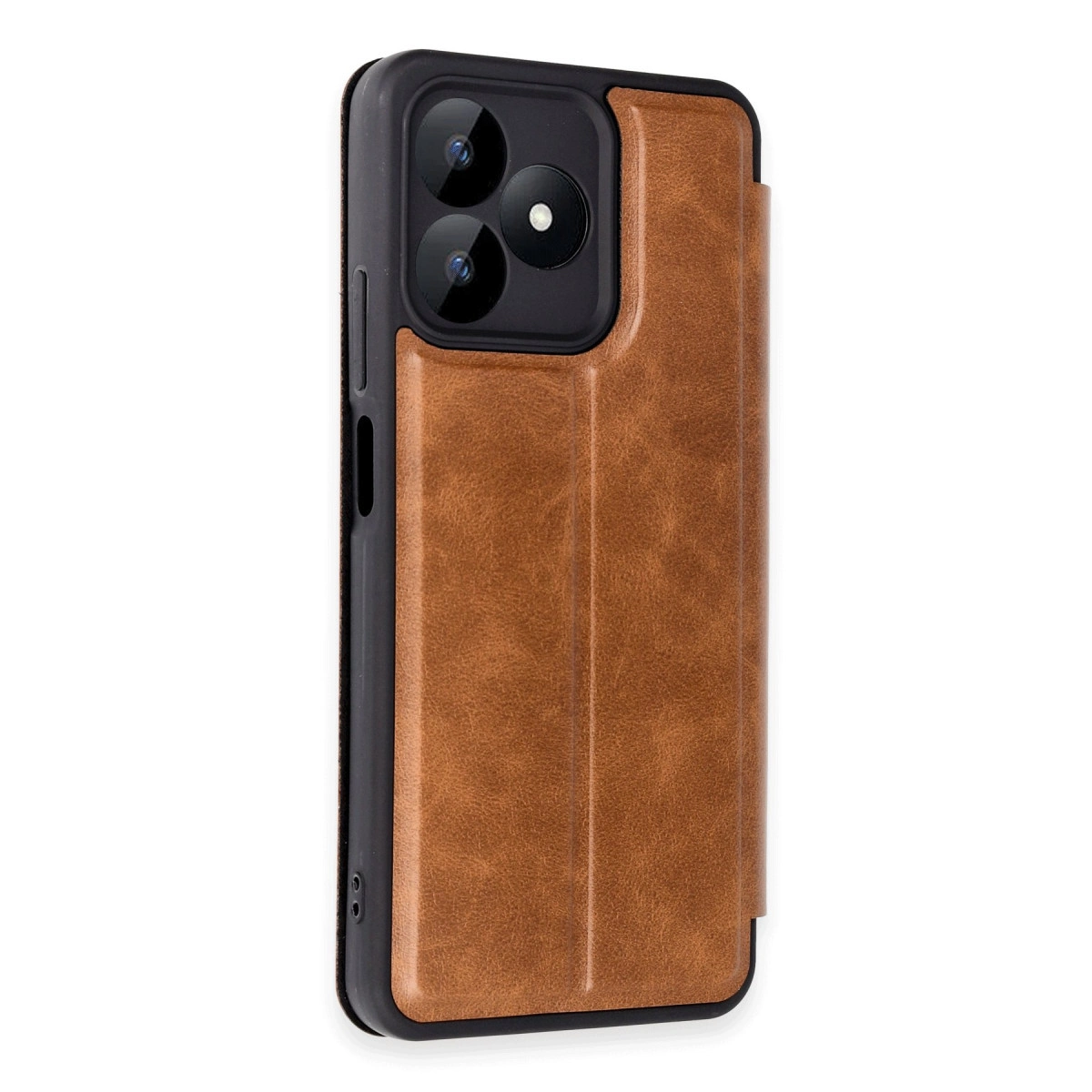 Çift kameralı kahverengi deri telefon kılıfı.