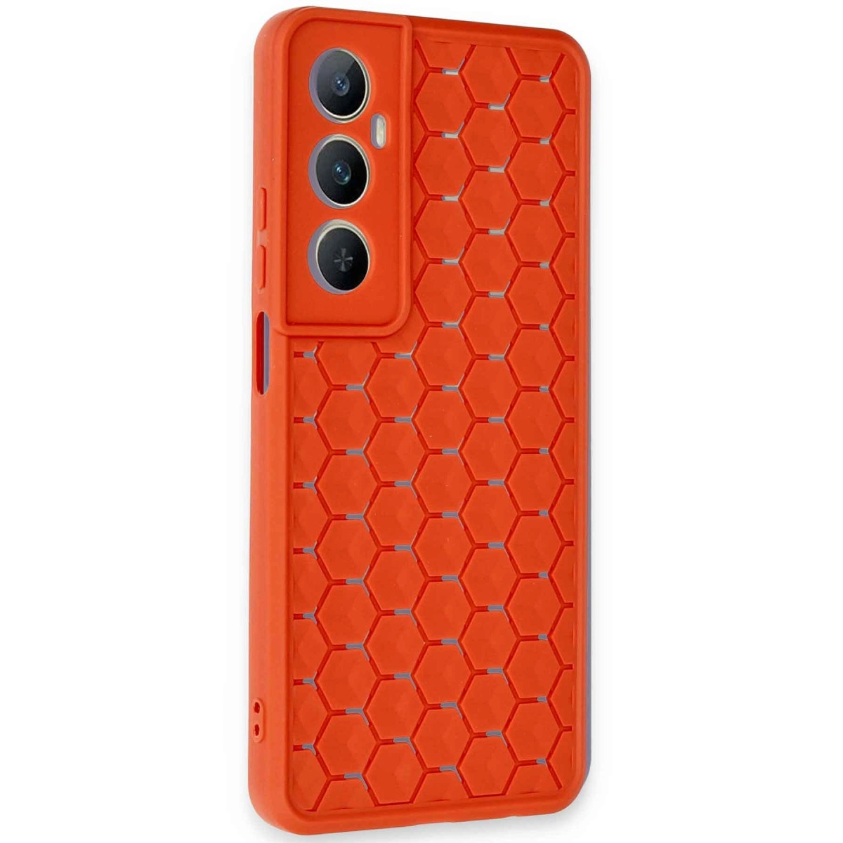 Altıgen desenli ve üç kameralı turuncu telefon kılıfı.