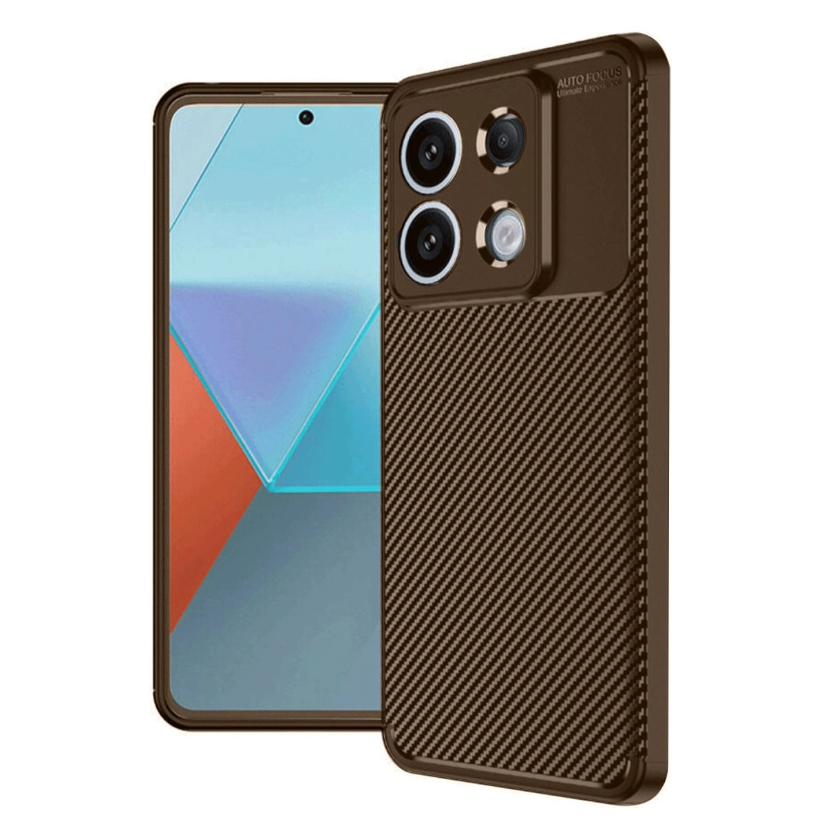 Karbon fiber desenli kılıflı kahverengi telefon ve üç kamera.