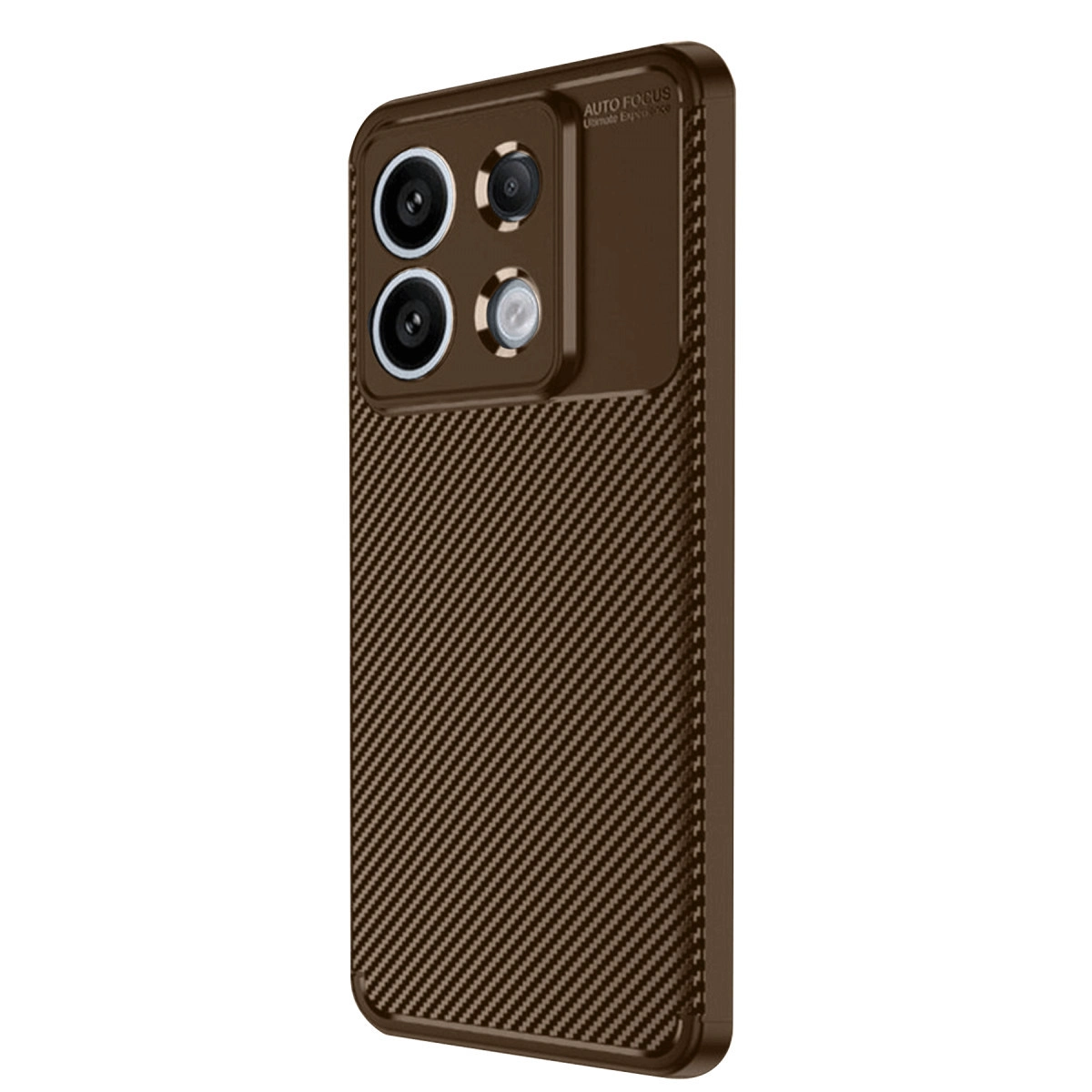 Karbon fiber dokulu kahverengi telefon kılıfı, üç kamera lensli.