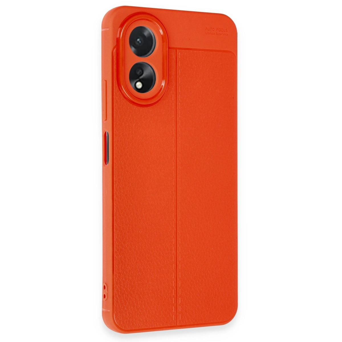 Kameralı ve dokulu turuncu telefon kılıfı.