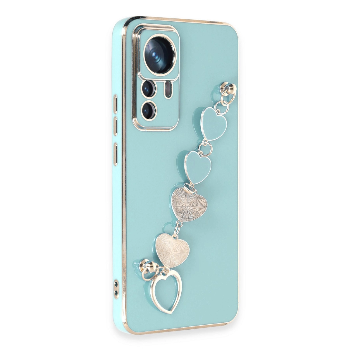 Kalp charm bileklikli ve kamera modüllü turkuaz telefon kılıfı.