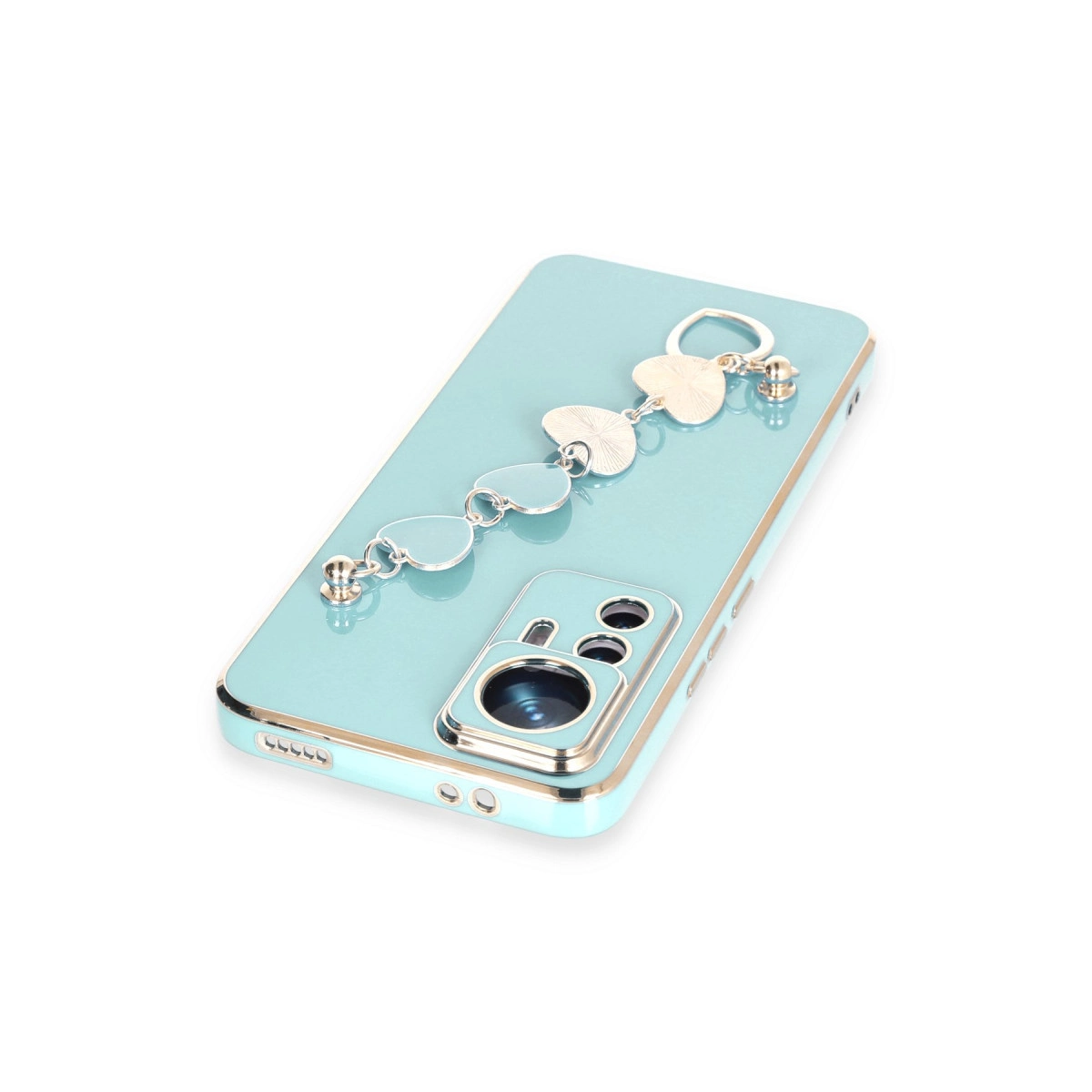 Gümüş kalp charm bileklikli açık mavi telefon kılıfı.