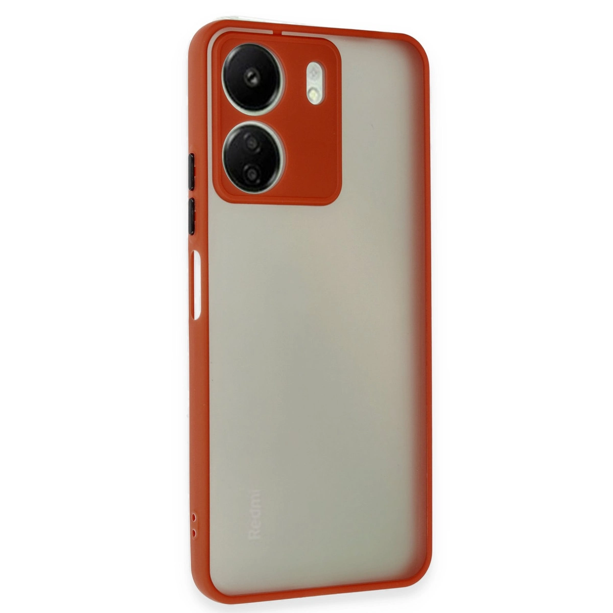 Turuncu telefon kılıfı, çift arka kamera ve flaşlı. Buzlu arka yüzey.