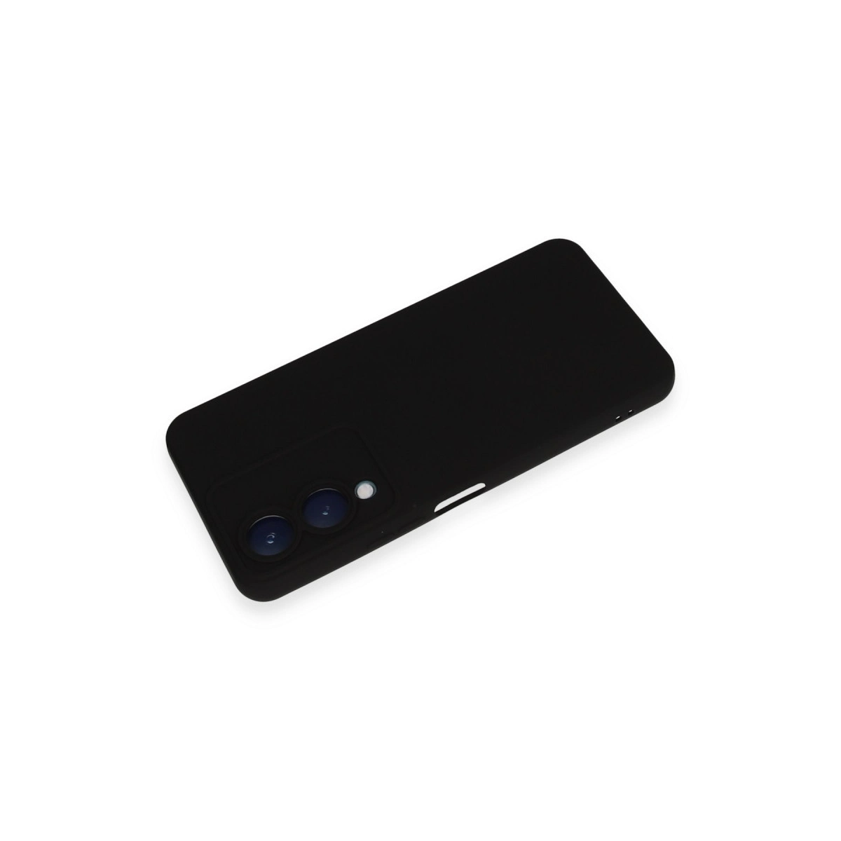 Kamera kesimli siyah telefon kılıfı beyaz zeminde duruyor.