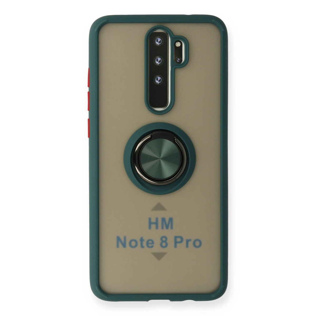 Üçlü kamerası, halka tutucusu ve 'Note 8 Pro' yazısı olan telefon kılıfı arkası.