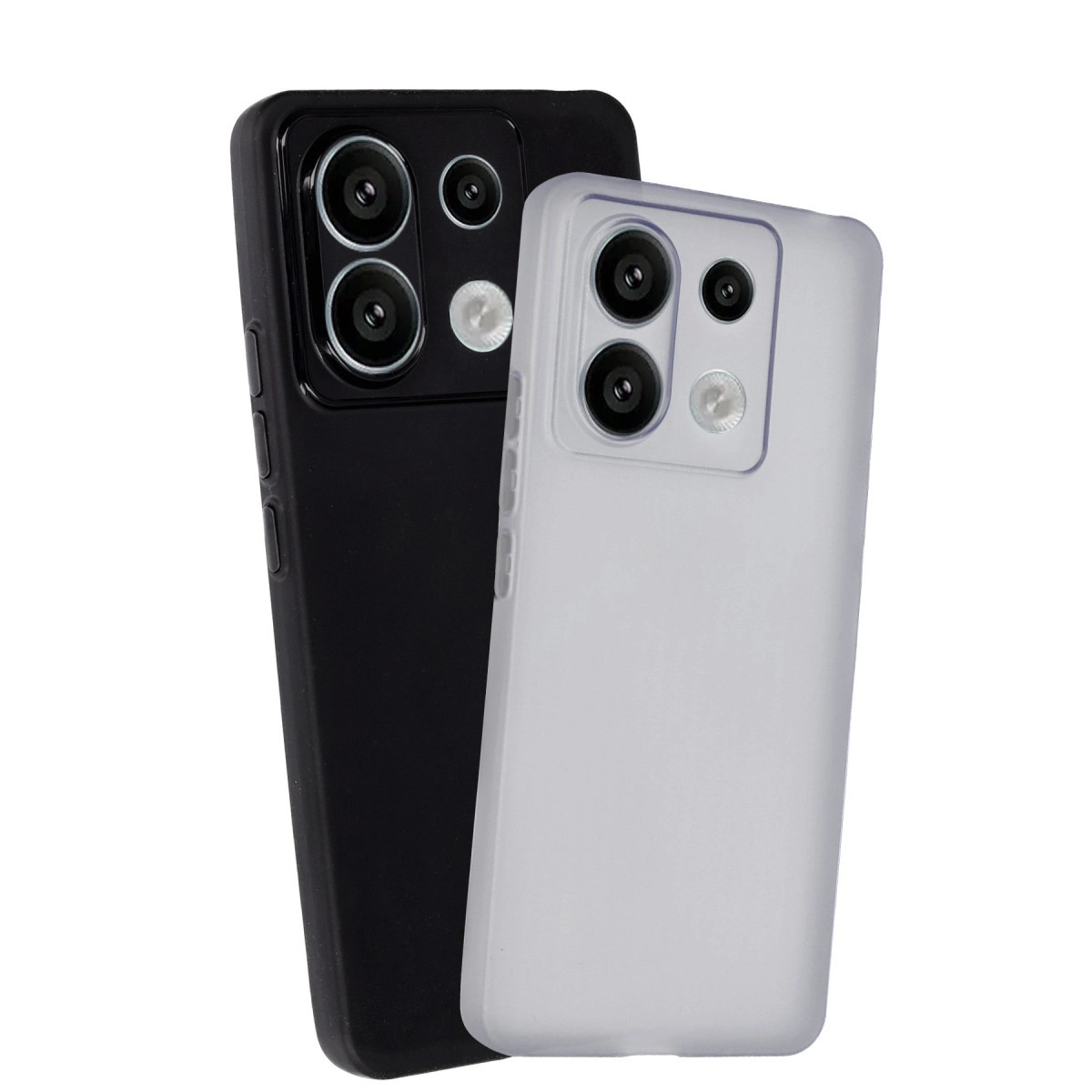 İki telefon kılıfı, biri siyah, biri yarı saydam, beyaz arka planda.