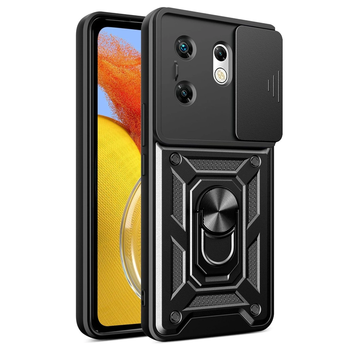 Halka tutuculu ve kayar kamera kapaklı siyah telefon kılıfı.
