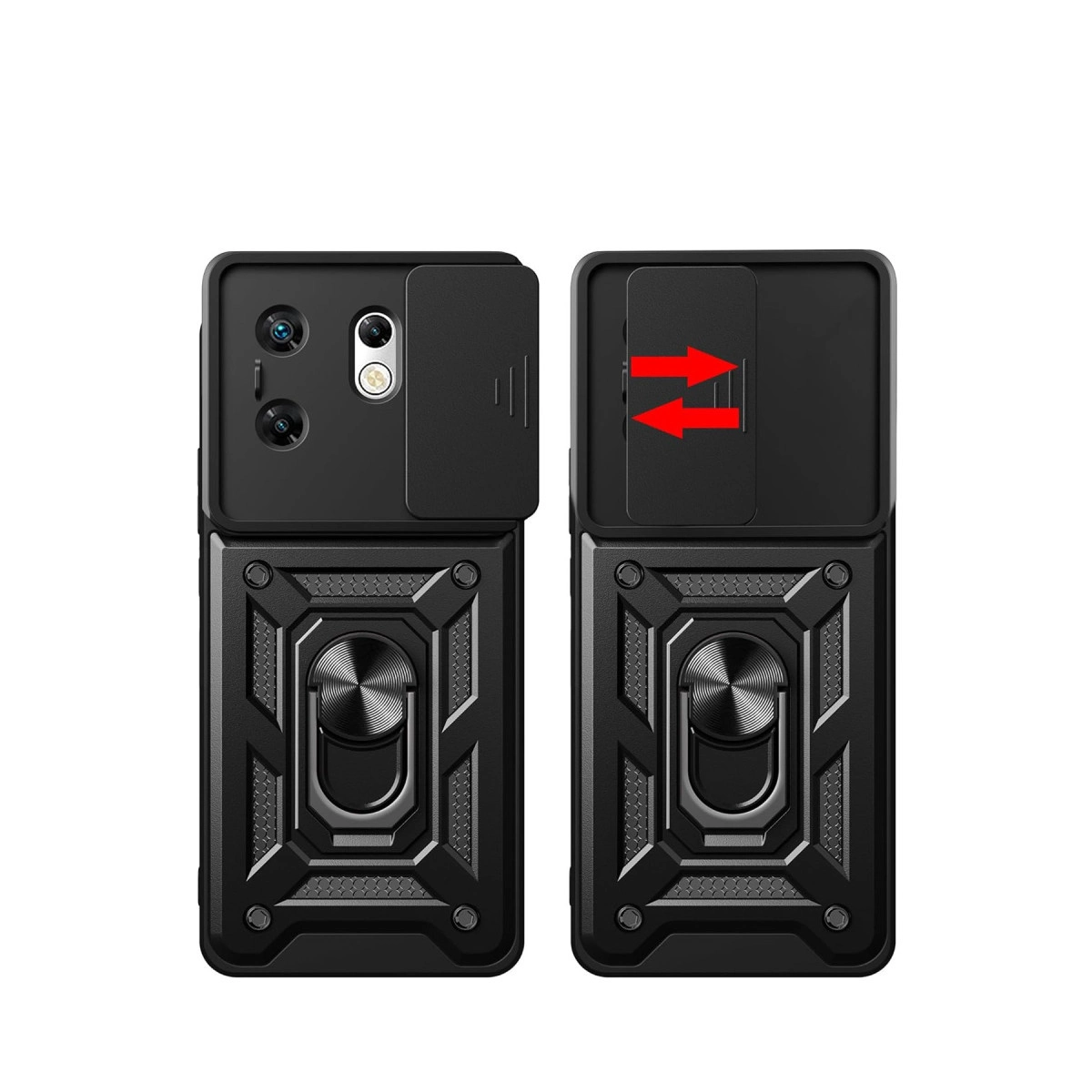 Halka tutuculu ve kamera kapaklı iki siyah telefon kılıfı.