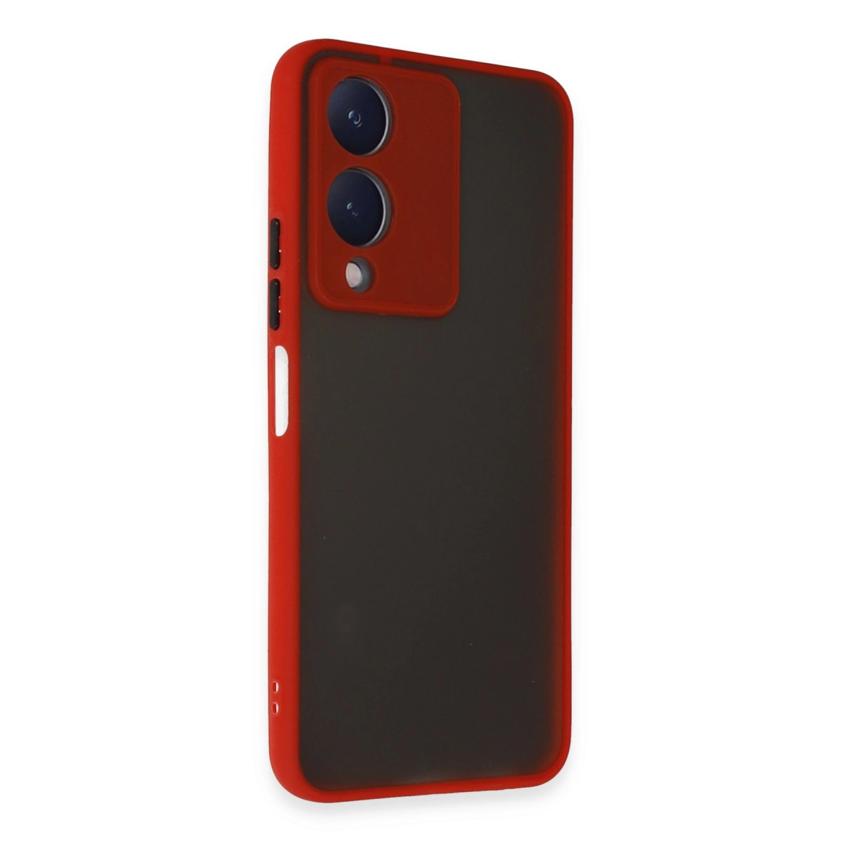 Siyah arka ve kamera modüllü kırmızı telefon kılıfı.