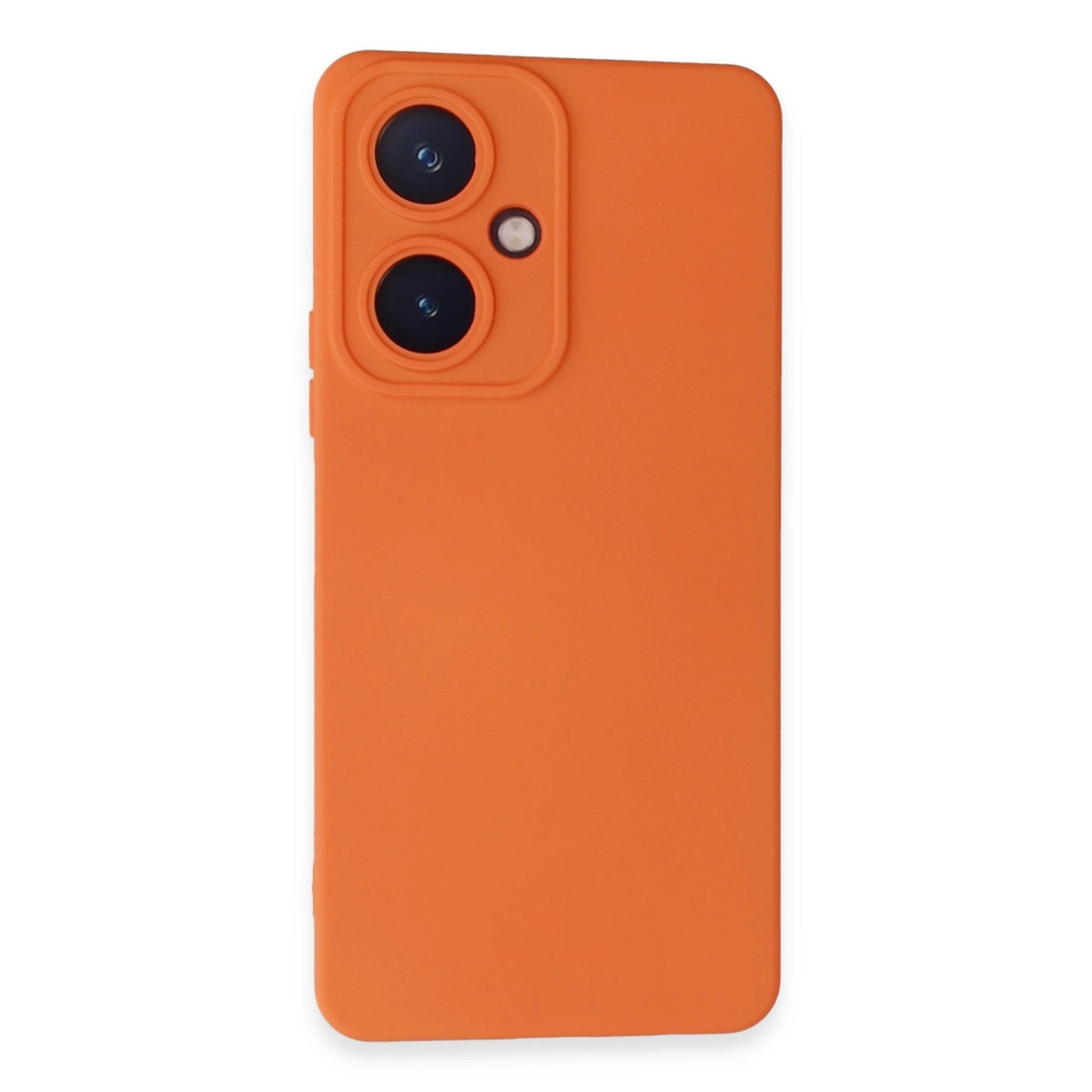 İki kamera lensli ve flaşlı turuncu telefon kılıfı.