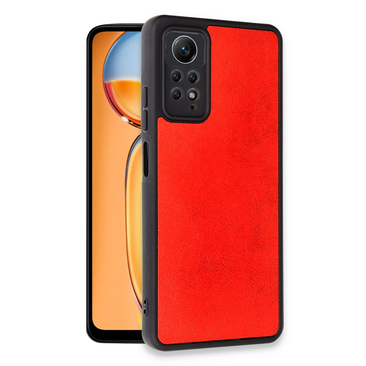 Siyah çerçeveli ve kamera modüllü kırmızı telefon kılıfı.