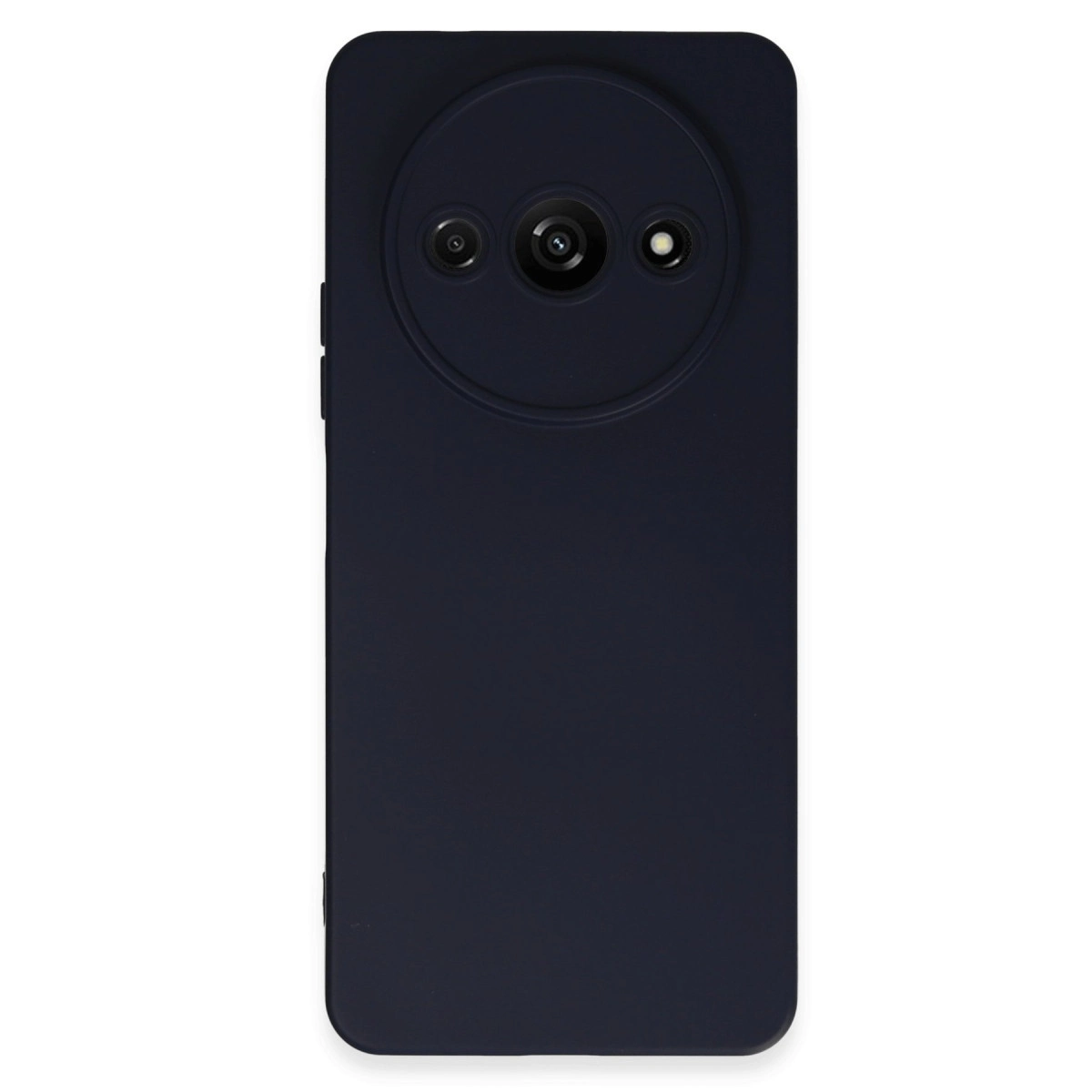Arkada dairesel üçlü kamera modülü bulunan lacivert telefon kılıfı.