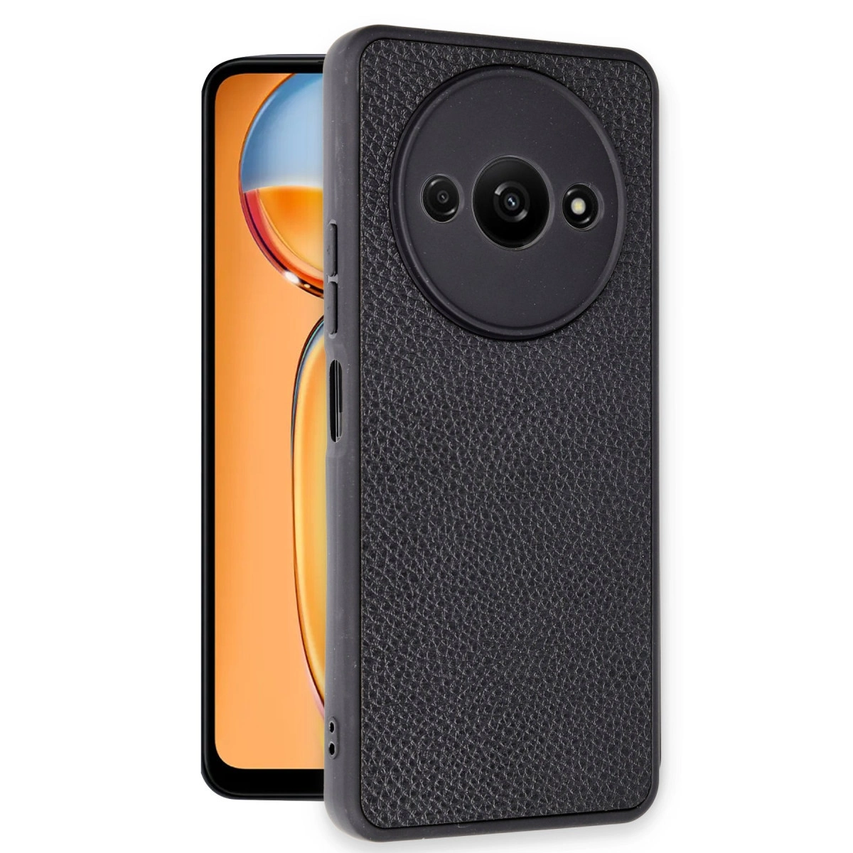 Tane dokulu siyah telefon kılıfı, turuncu ekranı kısmen kaplar.