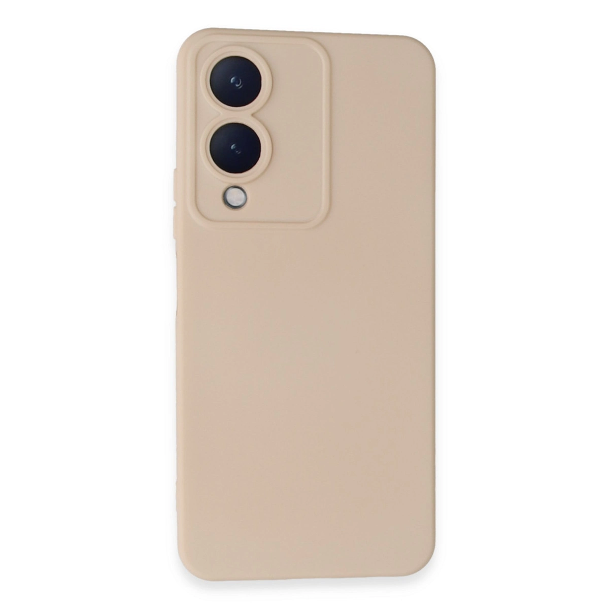 Üstte dikdörtgen kamera modülüne sahip bej telefon kılıfı.